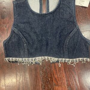 Zara Dark Blue Denim Crop Top with Beaded Hem